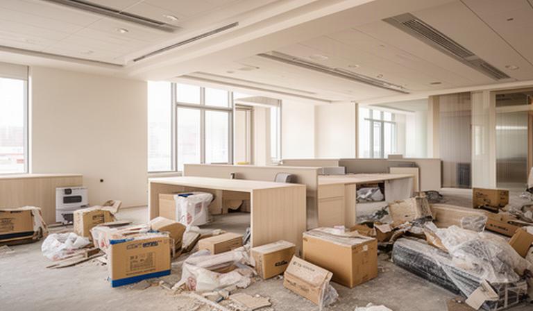 Commercial office after construction with boxed materials and fine dust awaiting cleanup